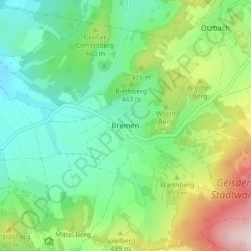Mapa topográfico Bremen, altitude, relevo