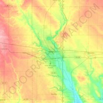 Mapa topográfico Ames, altitude, relevo
