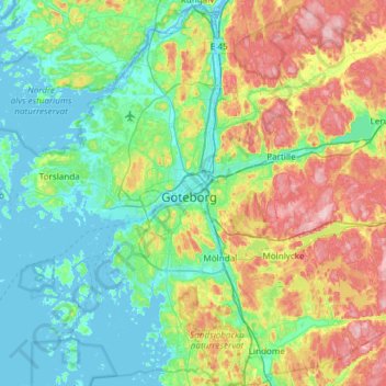 Mapa topográfico Göteborgs Stad, altitude, relevo