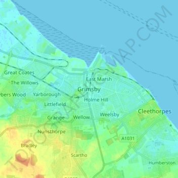Mapa topográfico Grimsby, altitude, relevo