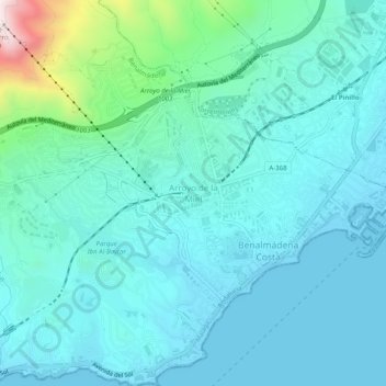 Mapa topográfico Arroyo de la Miel, altitude, relevo