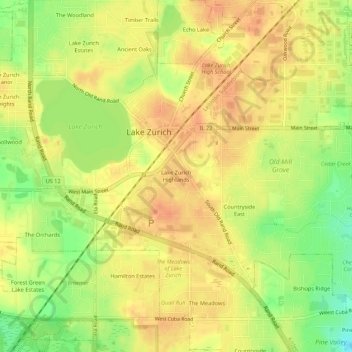 Mapa topográfico Lake Zurich Highlands, altitude, relevo