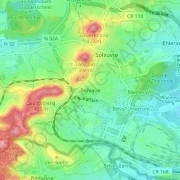 Mapa topográfico Belvaux, altitude, relevo