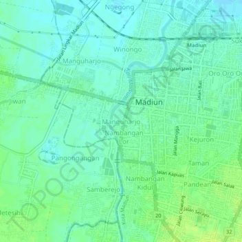 Mapa topográfico Manguharjo, altitude, relevo