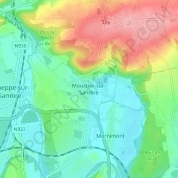 Mapa topográfico Moustier-sur-Sambre, altitude, relevo