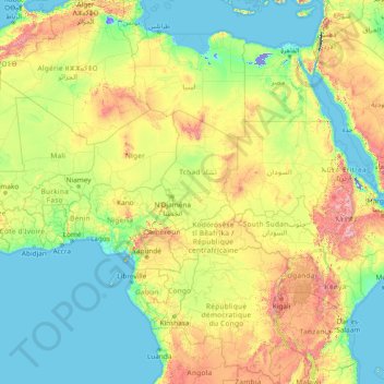 Mapa topográfico África, altitude, relevo
