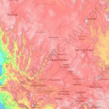Mapa topográfico Aguascalientes, altitude, relevo