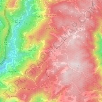 Mapa topográfico Poiares, altitude, relevo