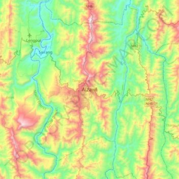 Mapa topográfico Aizawl, altitude, relevo
