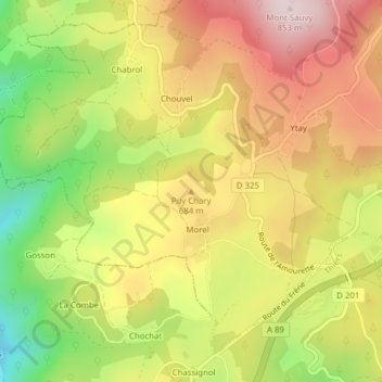Mapa topográfico Puy Chary, altitude, relevo