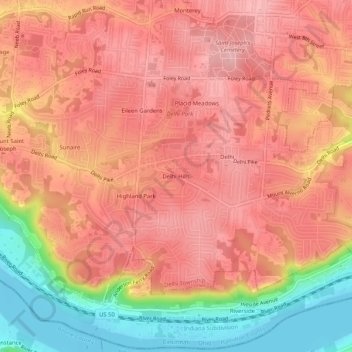 Mapa topográfico Delhi Hills, altitude, relevo