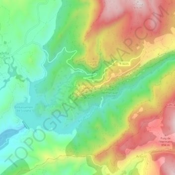 Mapa topográfico Siurana, altitude, relevo