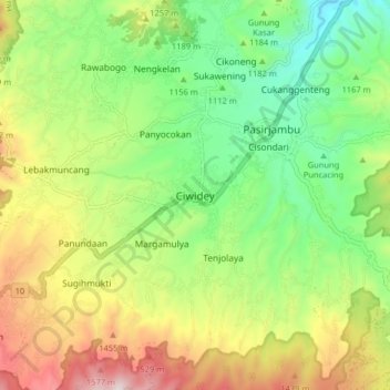 Mapa topográfico Ciwidey, altitude, relevo