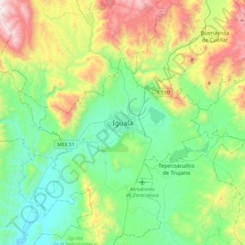 Mapa topográfico Iguala, altitude, relevo