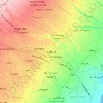 Mapa topográfico Selong, altitude, relevo