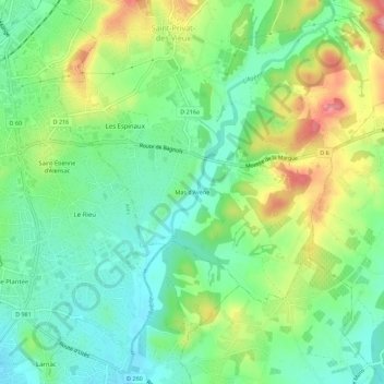 Mapa topográfico Mas d'Avène, altitude, relevo