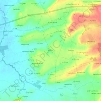 Mapa topográfico Puisaye, altitude, relevo