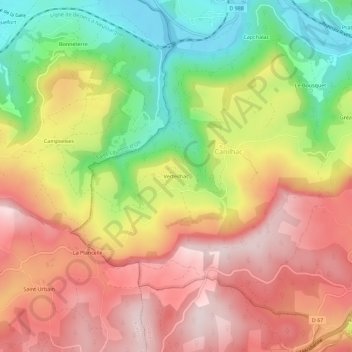 Mapa topográfico Verteilhac, altitude, relevo