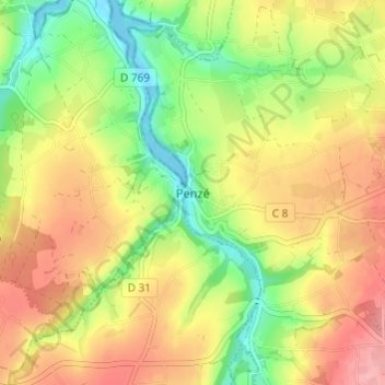 Mapa topográfico Penzé, altitude, relevo