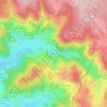Mapa topográfico Velay, altitude, relevo