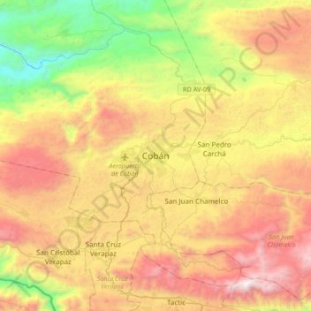 Mapa topográfico Cobán, altitude, relevo