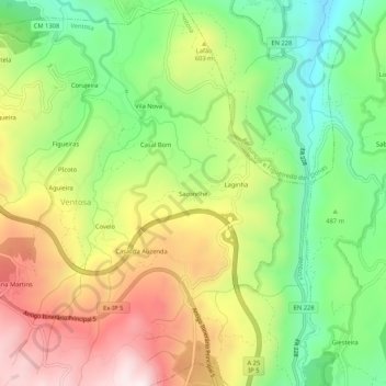 Mapa topográfico Sacorelhe, altitude, relevo