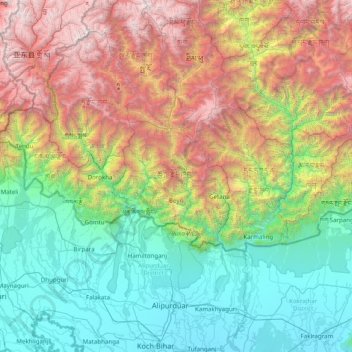 Mapa topográfico Chukha Dzongkhag, altitude, relevo
