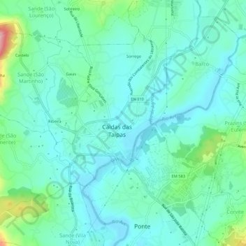 Mapa topográfico Caldelas, altitude, relevo