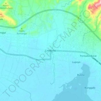 Mapa topográfico Limboto, altitude, relevo