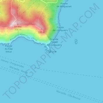 Mapa topográfico Cap Sicié, altitude, relevo