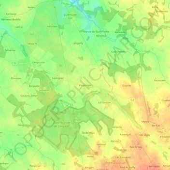 Mapa topográfico Kergongar, altitude, relevo