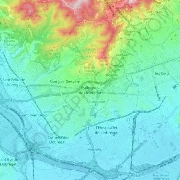 Mapa topográfico Esplugues de Llobregat, altitude, relevo