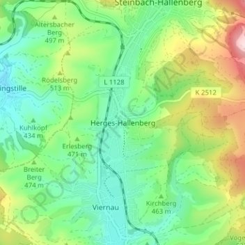 Mapa topográfico Herges-Hallenberg, altitude, relevo