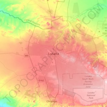 Mapa topográfico Lusaka, altitude, relevo