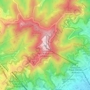 Mapa topográfico el Tibidabo, altitude, relevo
