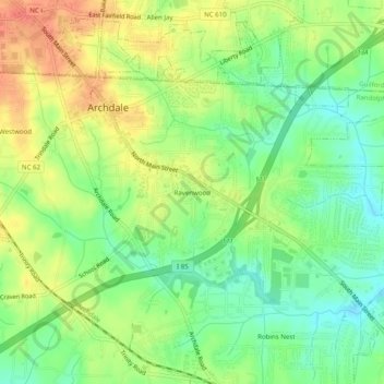 Mapa topográfico Ravenwood, altitude, relevo