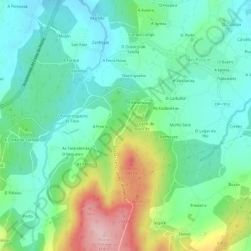 Mapa topográfico Folgueira, altitude, relevo