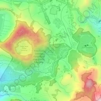Mapa topográfico Dieng Plateau, altitude, relevo