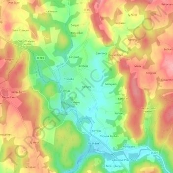 Mapa topográfico Kerfany, altitude, relevo