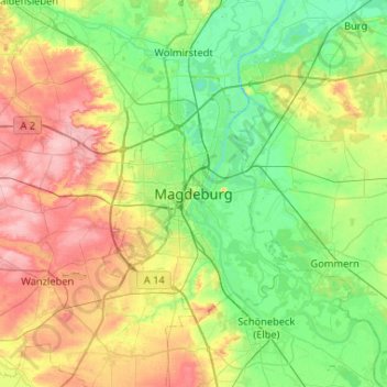 Mapa topográfico Magdeburg, altitude, relevo
