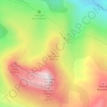 Mapa topográfico Campanil, altitude, relevo