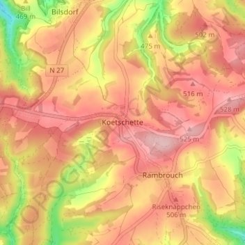 Mapa topográfico Koetschette, altitude, relevo