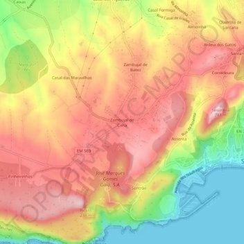 Mapa topográfico Zambujal de Cima, altitude, relevo