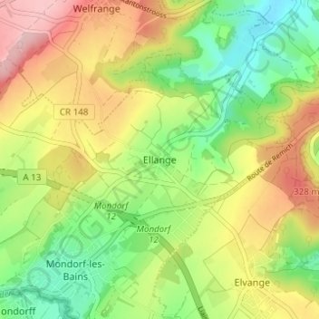 Mapa topográfico Ellange, altitude, relevo