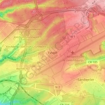 Mapa topográfico Findel, altitude, relevo