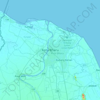 Mapa topográfico Kota Bharu, altitude, relevo