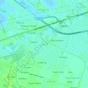 Mapa topográfico Sayung, altitude, relevo