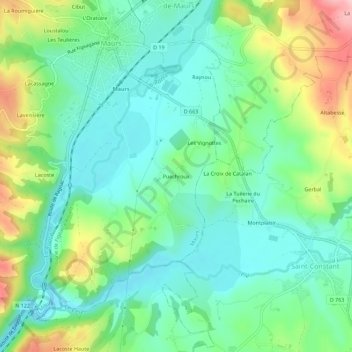 Mapa topográfico Puechroux, altitude, relevo