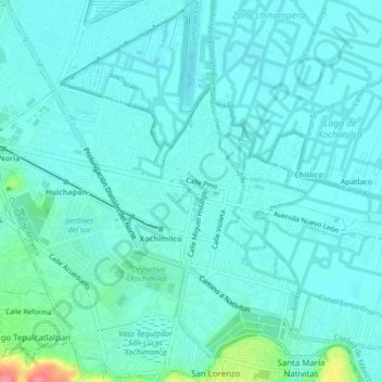 Mapa topográfico Xochimilco, altitude, relevo