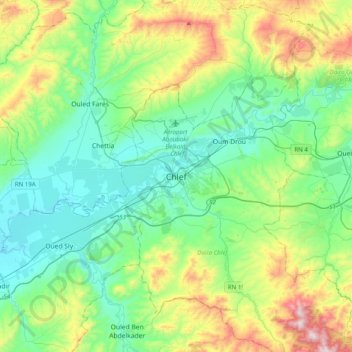 Mapa topográfico Chlef, altitude, relevo